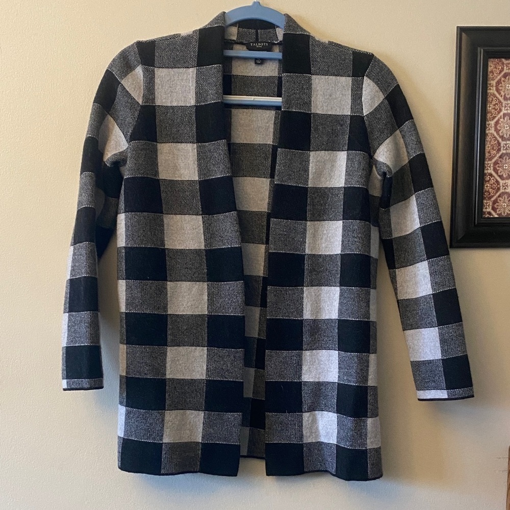 Talbots Black and White Checkered Merino Wool Blazer Cardigan